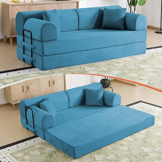 78.8" Memory Foam Boneless Couch, Corduroy Floor Sofa Bed, Convertible Sleeper Futon Loveseat, Wide Armrests & Back Support, Supports Up to 1200 lbs, Couch in a Box with 2 Pillows, Ocean Blue