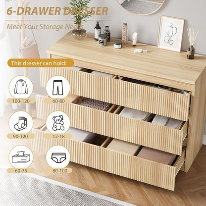 Jocoevol 6 Drawer Fluted Dresser, Modern Chest of Drawers for Bedroom with Hidden Handles, Wood Storage Organizer Cabinet for Living Room & Entryway, Natural Oak (15.7" D x 47.3" W x 31.6" H)