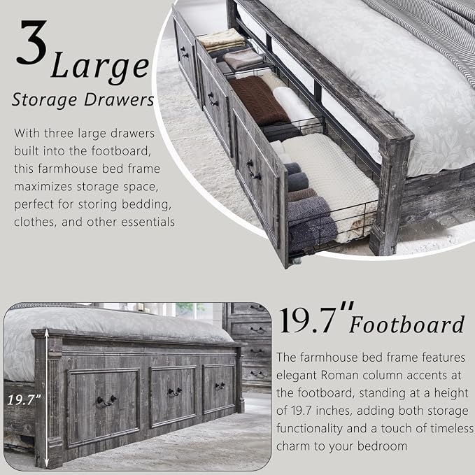 Aitjunz Farmhouse King Size Bed Frame with 51" Tall Headboard, Wood Platform Bed Frame with 20" Tall Roman Column Decoration Footboard & 3 Large Storage Drawers, No Box Spring Needed (Light Grey)