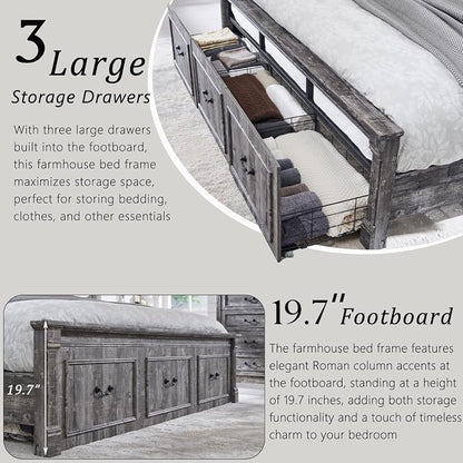Aitjunz Farmhouse King Size Bed Frame with 51" Tall Headboard, Wood Platform Bed Frame with 20" Tall Roman Column Decoration Footboard & 3 Large Storage Drawers, No Box Spring Needed (Light Grey)