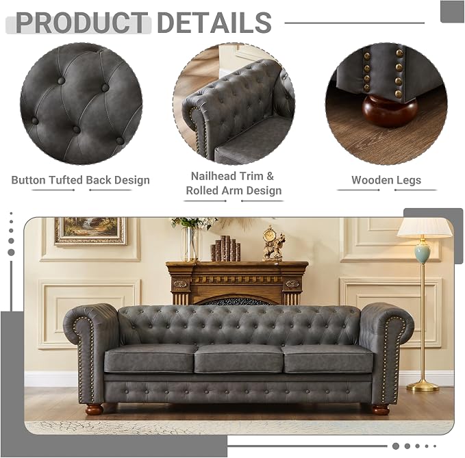 Chesterfield Leather Sofa, 89" Mid Century Modern Couch with Low Back, Roll Arm Nailhead Trim Classic 3 Seater Couch for Living Room, Office, Apartment, Faux Leather Dark Grey