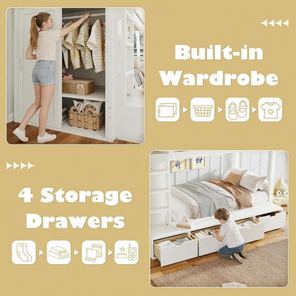 Bellemave Twin Over Twin Bunk Bed with Storage Drawers,Solid Wood Bunk Bed with Built-in Wardrobe,Storage Shelf and Safety Guardrails for Kids Girls Boys,Ivory
