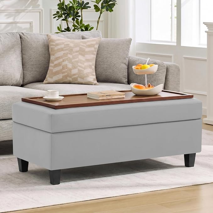 45" Faux Leather Storage Ottoman Bench with Wooden Tray, Light Grey Large Upholstered Foot Stool, Multifunctional Coffee Table Storage Bench with Solid Wood Legs for Living Room Bedroom Entryway