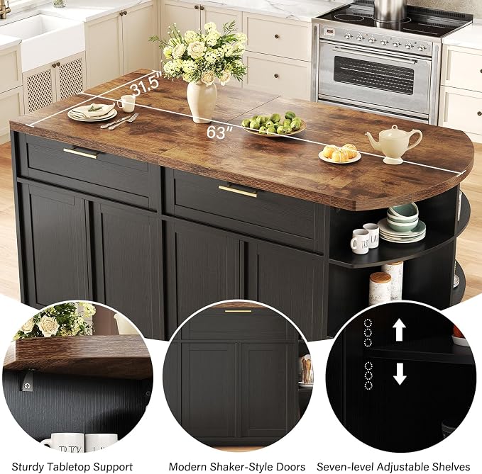 HSH 63 Inch Large Kitchen Island with Storage and Seating, Rustic Brown | Stationary Island Table with Storage Drawers, Cabinets, Oval Open Shelves, Wood Counter Prep Island for Kitchen Dining Room