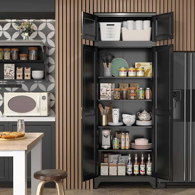 SteeLoong 90”Kitchen Pantry Cabinet,Metal Storage Cabinets with Doors and 4 Adjustable Shelves,Black Kitchen Cabinet with 2 Gold Handles,Tall Cabinet for Livingroom, Bathroom