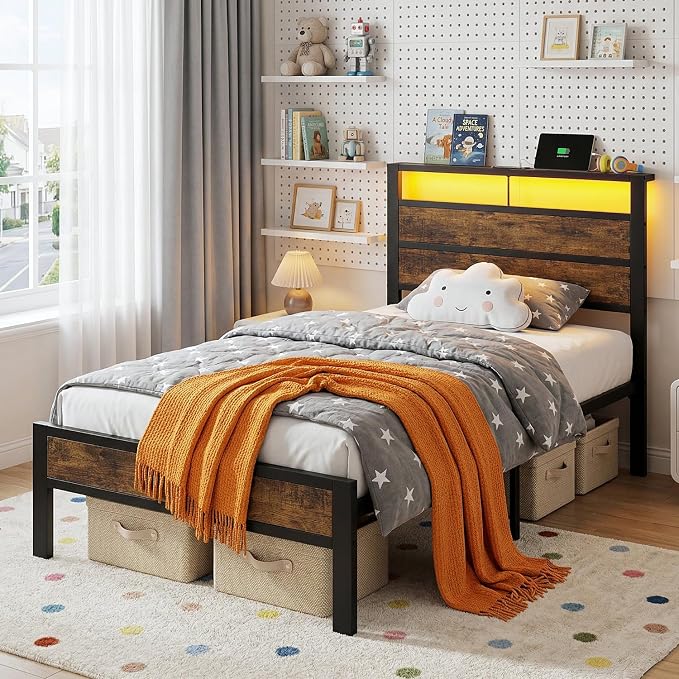 Twin Bed Frame with LED Lights & USB Charging Station, Brown Metal Platform Bed with Storage Headboard, Under-Bed Space, Noise-Free & Sturdy, No Box Spring Needed, Easy Assembly
