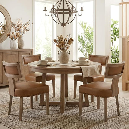 HNY Mid Century Modern Dining Chairs Set of 6, Farmhouse PU Leather Upholstered Accent Chairs Curved Nailhead Trim Backrest Kitchen Chairs, with Hardwood Frame, Brown