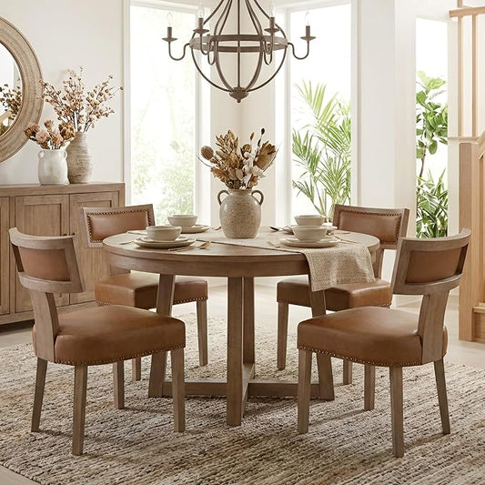 HNY Mid Century Modern Dining Chairs Set of 4, Farmhouse PU Leather Upholstered Accent Chairs Curved Nailhead Trim Backrest Kitchen Chairs, with Hardwood Frame, Brown