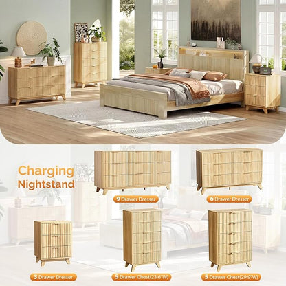 VINGLI Fluted Tall Dresser 5 Drawer, 23.66" W Chest of Drawers, Oak Wood Dresser for Bedroom Mid Century Modern with Rounded Edge, 23.66" W*15.6" D*44.88" H