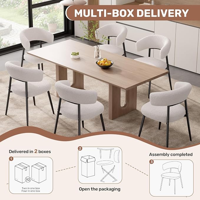 Dining Chairs Set of 4, Boucle Upholstered Dining Room Chair with Curved Backrest & Metal Legs, Mid Century Modern Round Kitchen Chairs, White