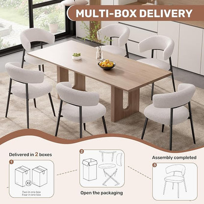 Dining Chairs Set of 2, Mid Century Modern Kitchen Chairs, Boucle Upholstered Dining Chair with Curved Backrest & Metal Legs for Kitchen Dining Room, White