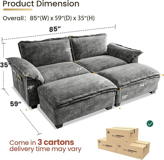 KKL Modular Sectional Sofa Bed, 4 Seater Cloud Couch with Ottoman, Chenille Sectional Couches for Living Room, Apartment,Grey