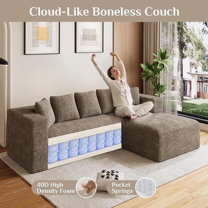 Oversized L Shaped Boneless Sectional Couches for Living Room, 107" Comfy Fluffy Cloud Modular Sectional Sofa, Plush Corduroy Memory Foam Floor Sofa with Right Facing Chaise Couch