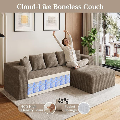 Oversized L Shaped Boneless Sectional Couches for Living Room, 107" Comfy Fluffy Cloud Modular Sectional Sofa, Plush Corduroy Memory Foam Floor Sofa with Right Facing Chaise Couch