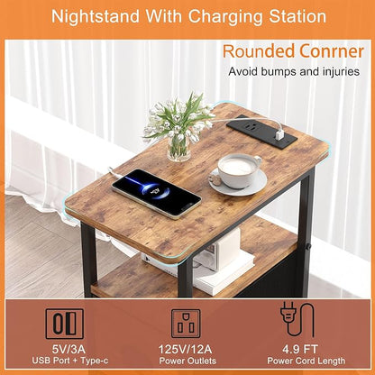 sthmec Narrow End Table with Charging Station, Narrow Side Table with 2 Fabric Drawers, Slim Nightstand, Skinny Bedside Table, Small Side Table for Small Spaces, Living Room, Bedroom, Rustic Brown