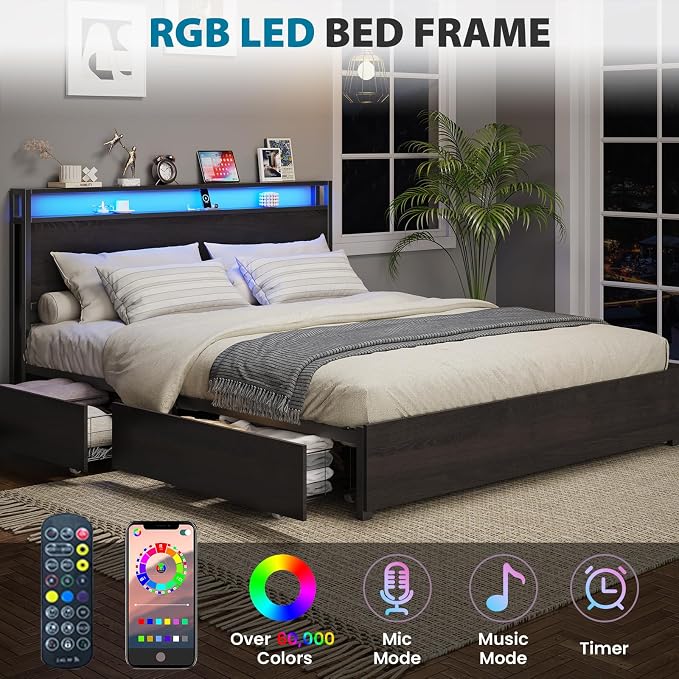 Kiivakii King Size Bed Frame with 4 Storage Drawers, LED Platform Bed with Headboard, Built in Charging Station, Noise-Free, Metal Support Base, No Box Spring Needed, Black