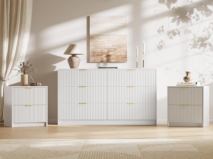 MAISONARIA 3-Piece Dresser Bedroom Set, 6 Drawer Dresser & 2 Drawer Nightstands with Gold Handles, Fluted Wood Chest of Drawers for Bedroom, Living Room, Entryway, White