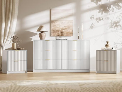 MAISONARIA 3-Piece Dresser Bedroom Set, 6 Drawer Dresser & 2 Drawer Nightstands with Gold Handles, Fluted Wood Chest of Drawers for Bedroom, Living Room, Entryway, White