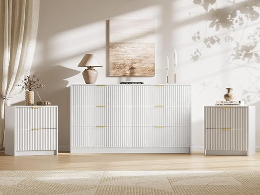 MAISONARIA 3-Piece Dresser Bedroom Set, 6 Drawer Dresser & 2 Drawer Nightstands with Gold Handles, Fluted Wood Chest of Drawers for Bedroom, Living Room, Entryway, White