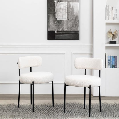 DYHOME White Boucle Dining Chairs Set of 4, Upholstered Kitchen Chairs with Thick Cushions and Metal Legs, Round Modern Dining Room Chairs
