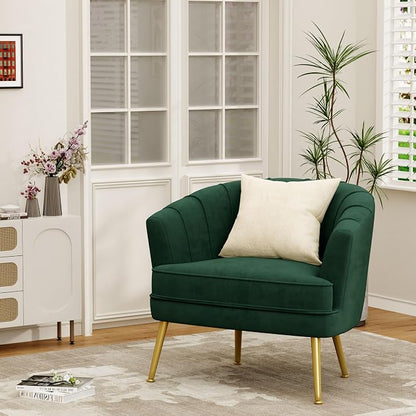Andeworld Velvet Accent Chair, Upholstered Modern Single Sofa Side Chair,Comfy Barrel Club Living Room Armchair with Golden Metal Legs for Bedroom Living Reading Room Office, Green