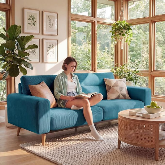 Claiks 81" Oversized Loveseat Sofa, Mid Century Modern Couch for Living Room, Bedroom & Apartment, Corduroy Upholstered 2-3 Seater Sofa with Sturdy Metal Frame, Easy Assembly, Blue