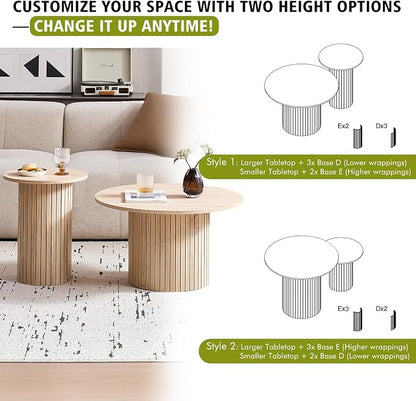 Round Nesting Coffee Table Set of 2, Fluted for Small Spaces | Modern style, suitable for living rooms, roller design, wooden