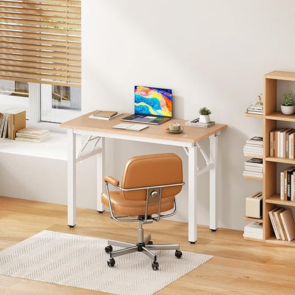 DlandHome Folding Desk Small Desk 31.5 inches Computer Desk for Home Office Folding Table Writing Table for Small Spaces No Assembly Required Pink Oak & White Frame