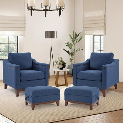HAOMARKETS 4 Piece Fabric Sofa Set with Nailhead Trim, Included 2 Comfy Accent Chair with Thicked Cushion and 2 Upholstered Storage Ottoman with Flip-Top Table, Living Room Furniture Set,Blue