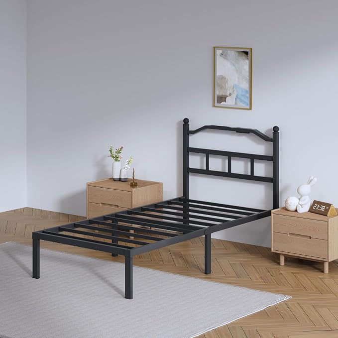 SHOANED Metal Bed Frame with Headboard - 14 Inch Twin XL Size Heavy Duty Bedframe with Charging Station Black Basic Steel Slats Platform No Box Spring Needed/Noise Free