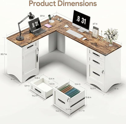 Decofy 67" Farmhouse L Shaped Standing Desk with Drawers Home Office Executive Desks with Fast Charging Station, Lockable File Cabinet, Wood Writing Computer Desk for Work, Study, White
