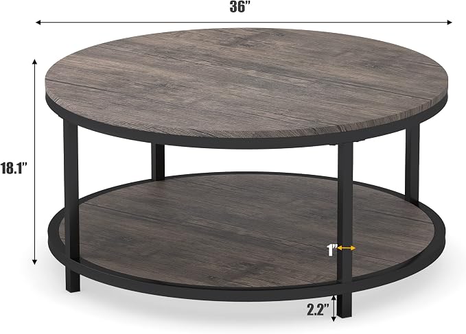 WiberWi Round Coffee Table 35.8" Circle Coffee Tables for Living Room Rustic Industrial Cocktail Table with Sturdy Metal Frame and Open Storage Shelf, Easy Assembly, Gray Brown