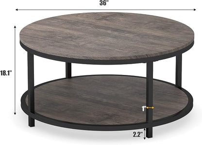 WiberWi Round Coffee Table 35.8" Circle Coffee Tables for Living Room Rustic Industrial Cocktail Table with Sturdy Metal Frame and Open Storage Shelf, Easy Assembly, Gray Brown