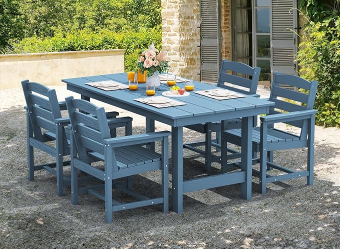 SERWALL Patio Table Set, Outdoor HDPE Dining Furniture with Umbrella Hole, All Weather for Lawn, Garden, Backyard, Poolside, Blue | with Umbrella Hole