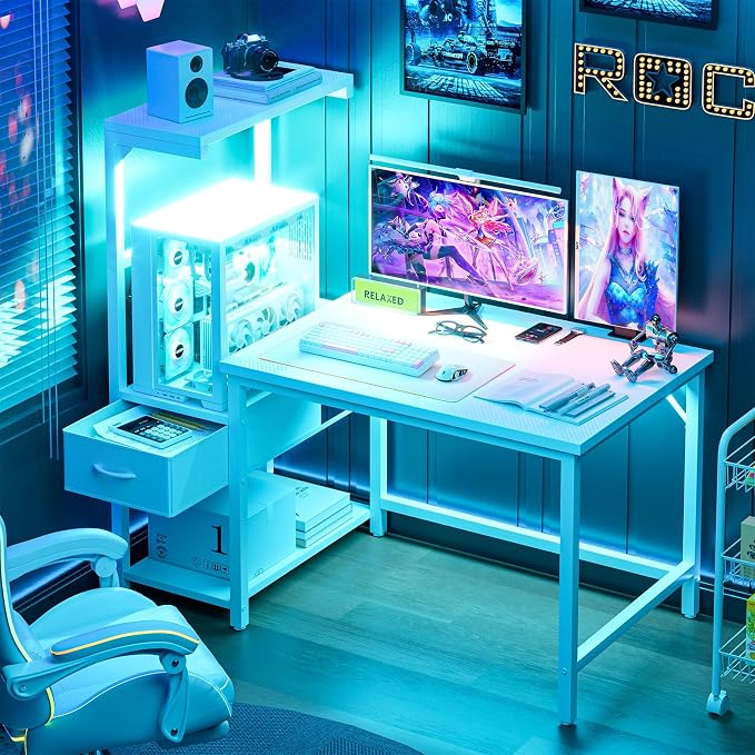 Grandder Gaming Desk 41 Inch with CPU Stand and LED Light, Computer Desk with Reversible Shelves and Storage Drawer, Pc Small Desk for Home Office Table with Bag, White