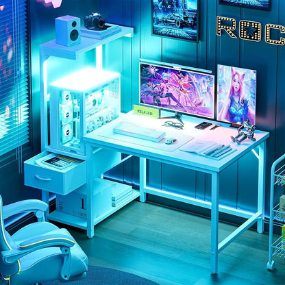 Grandder Gaming Desk 41 Inch with CPU Stand and LED Light, Computer Desk with Reversible Shelves and Storage Drawer, Pc Small Desk for Home Office Table with Bag, White
