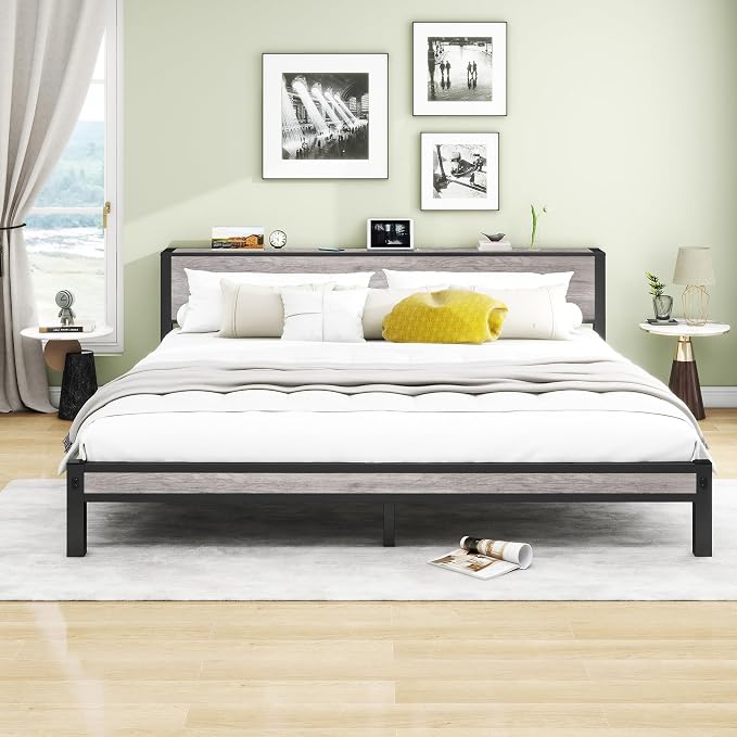 DUMEE King Bed Frame with Wood Storage Headboard, Metal Platform Bed Frames King Size, No Box Spring Needed, Noise Free, Black & Grey