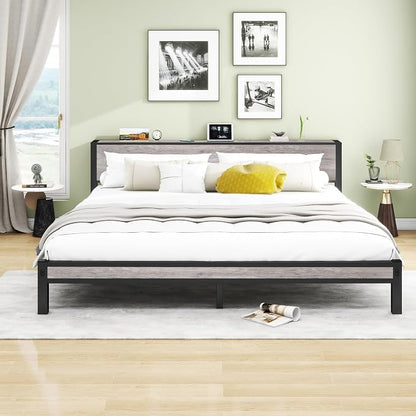 DUMEE King Bed Frame with Wood Storage Headboard, Metal Platform Bed Frames King Size, No Box Spring Needed, Noise Free, Black & Grey