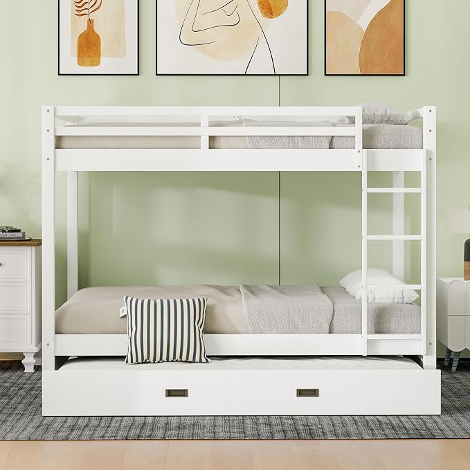 MERITLINE Queen Over Queen Bunk Bed with Twin XL Trundle, Solid Wood Bunk Bed with Ladders and Guardrails for Adults (White)