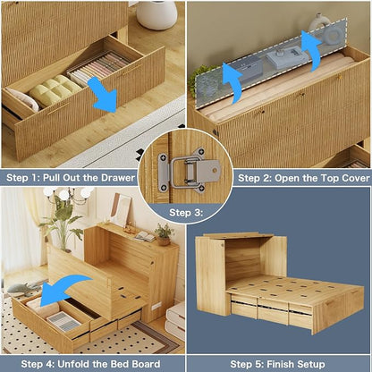 Full Size Murphy Bed Cabinet: Oak Murphy Bed with Charging Station, Wood Cabinet Bed with Large Drawers for Guest Room, Living Room and Office