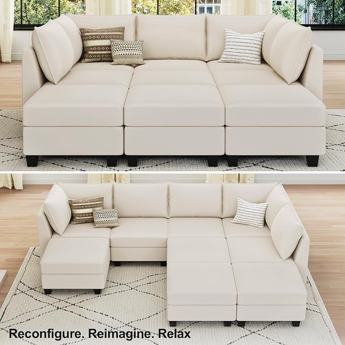 Belffin Modular Sectional Sofa Bed with Storage, 9-Seater Velvet Reversible Sleeper Couch for Living Room, Beige