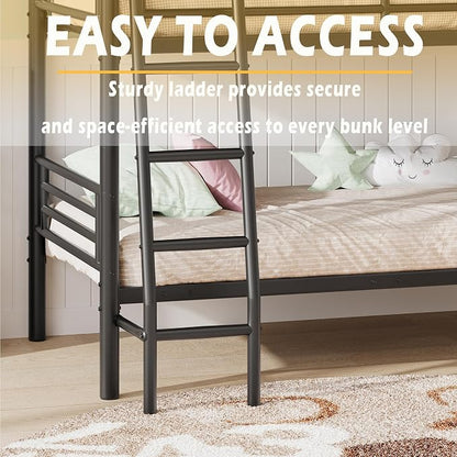 Metal Triple Bunk Bed,Twin Over Twin Bunk Bed for 3, 3 Beds with Guardrail & Ladder, Heavy Duty Triple Bed Frame for Kids Teenagers/Adults, Converts to 3 Separate Twin Beds, No Box Spring Needed