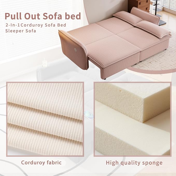 85" Pull Out Sofa Bed Full Size, Pre-Assembled Corduroy Sleeper Sofa, Convertible Loveseat Futon Couch with Storage Ottoman, USB, Pillows, for Apartment, Living Room, Small Spaces, Pink