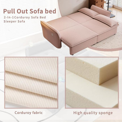 85" Pull Out Sofa Bed Full Size, Pre-Assembled Corduroy Sleeper Sofa, Convertible Loveseat Futon Couch with Storage Ottoman, USB, Pillows, for Apartment, Living Room, Small Spaces, Pink