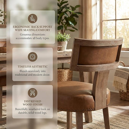 HNY Mid Century Modern Dining Chairs Set of 4, Farmhouse PU Leather Upholstered Accent Chairs Curved Nailhead Trim Backrest Kitchen Chairs, with Hardwood Frame, Brown