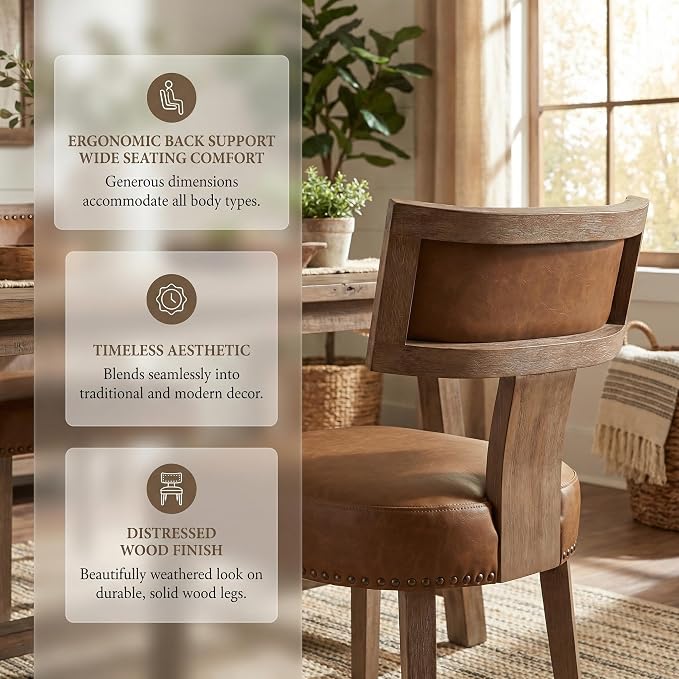 HNY Mid Century Modern Dining Chairs Set of 2, Farmhouse PU Leather Upholstered Accent Chairs Curved Nailhead Trim Backrest Kitchen Chairs, with Hardwood Frame, Brown