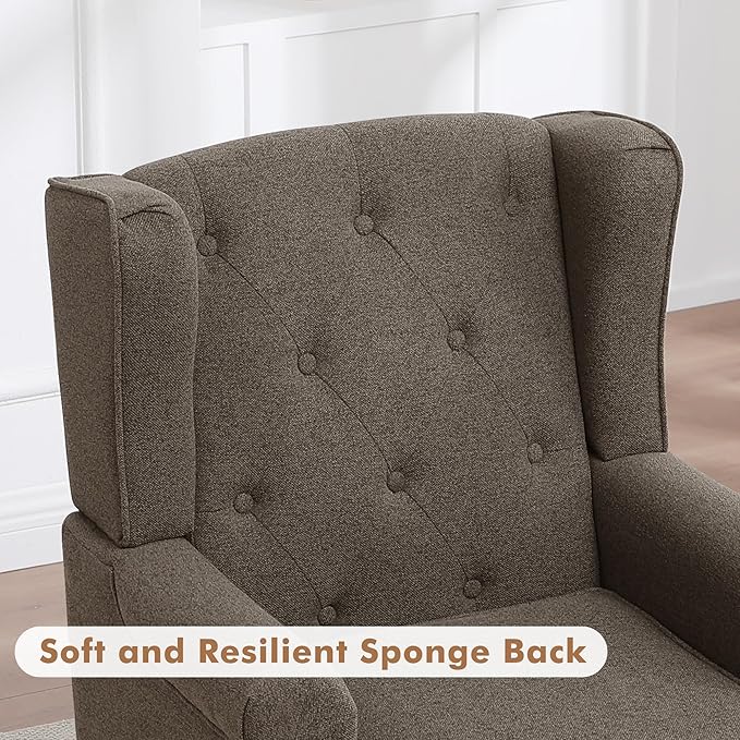 Accent Chair for Living Room, Mid Century Modern Upholstered Armchair, Wingback Chair with Tufted High Back and Solid Legs, Comfy Side Chairs Single Sofa for Bedroom, Brown