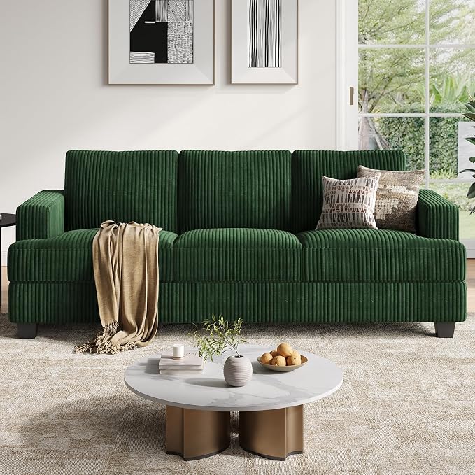 COPIAE 89 Inch Sofa with Extra Deep Seats Oversize, 3 Seater Sofa for Living Room, Modern Couch and Sofa, Comfy Armrests and Seats and Backrests, Easy Installation,Wide Corduroy Fabric Dark Green
