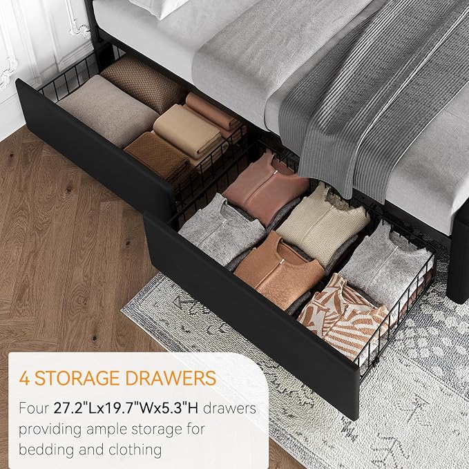 IDEALHOUSE Full Size Bed Frame with 4 Storage Drawers and Headboard, Faux Leather Upholstered Platform Bed Frame with Wooden Slats Support, Button Tufted Design, No Box Spring Needed, Black