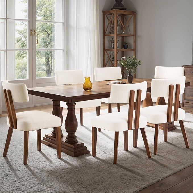 MOJAY Mid Century Modern Dining Chairs Set of 6, Farmhouse Linen Fabric Kitchen Chair Side Chairs with Curved Backrest for Kitchen, Dining Room, Restaurant, or Patio, Off-White